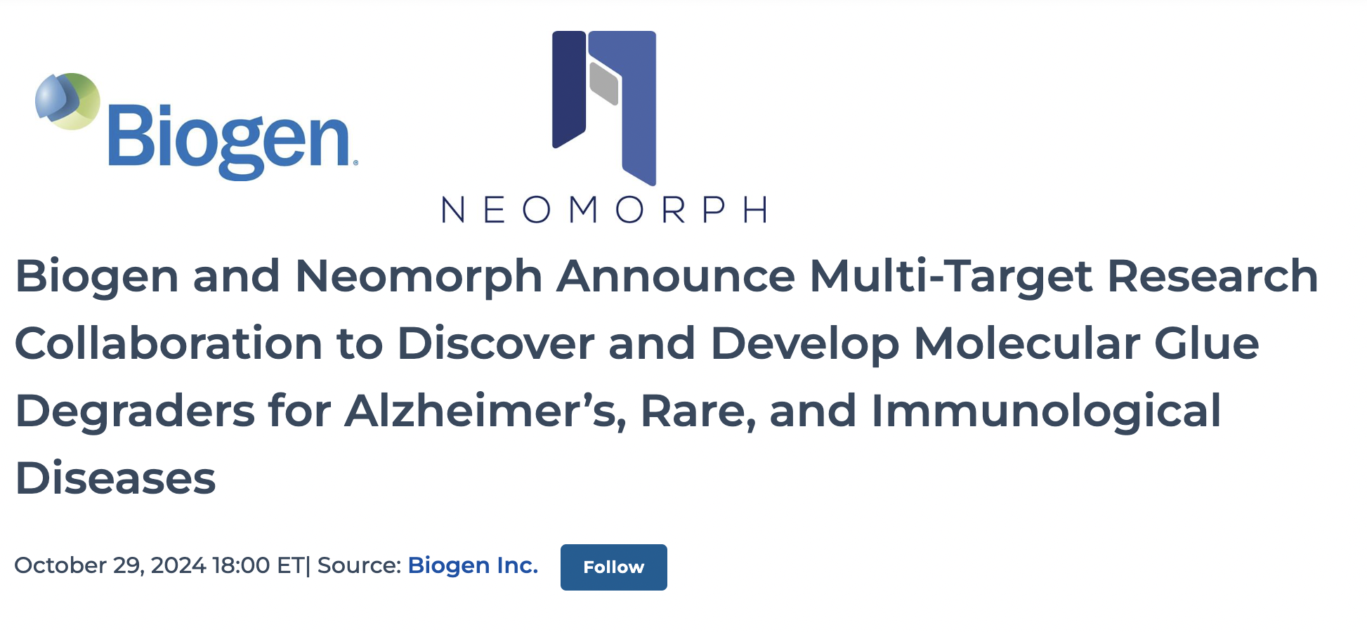 Biogen Partners with Neomorph to Develop Molecular Glue Degraders for Alzheimer’s and Rare Diseases