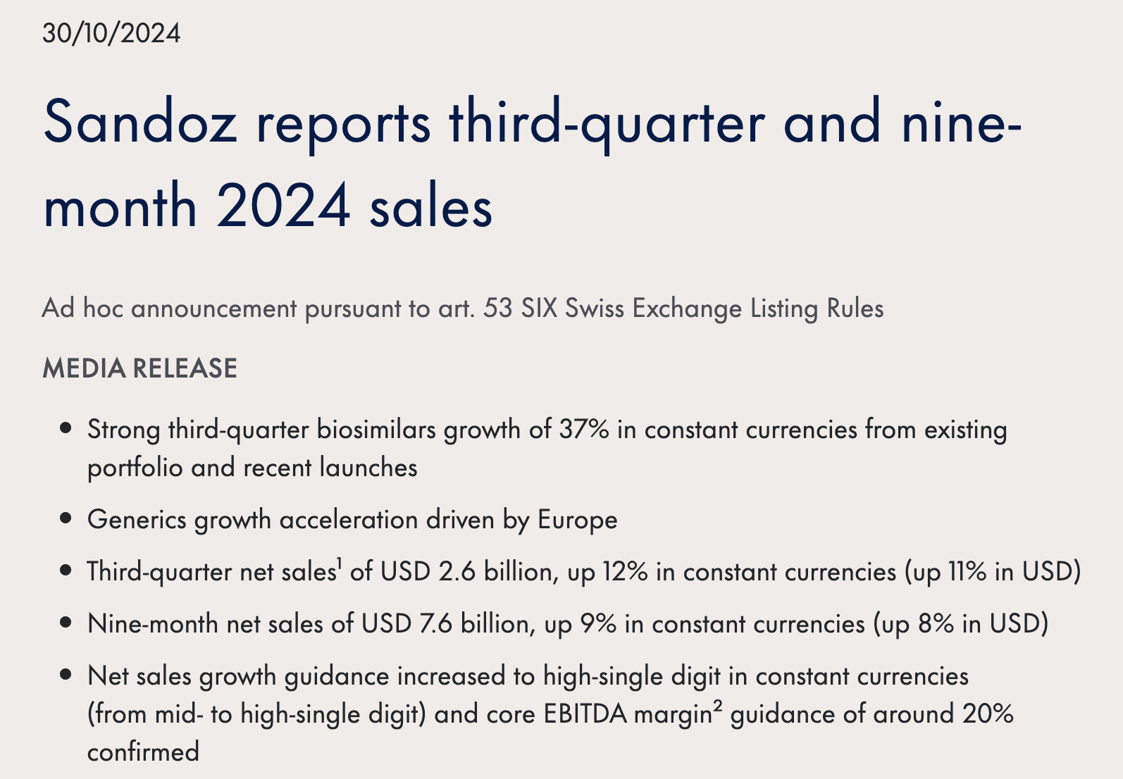 Sandoz Q3 2024 Sales Boosted by Biosimilars and Generics, Up 12% YOY